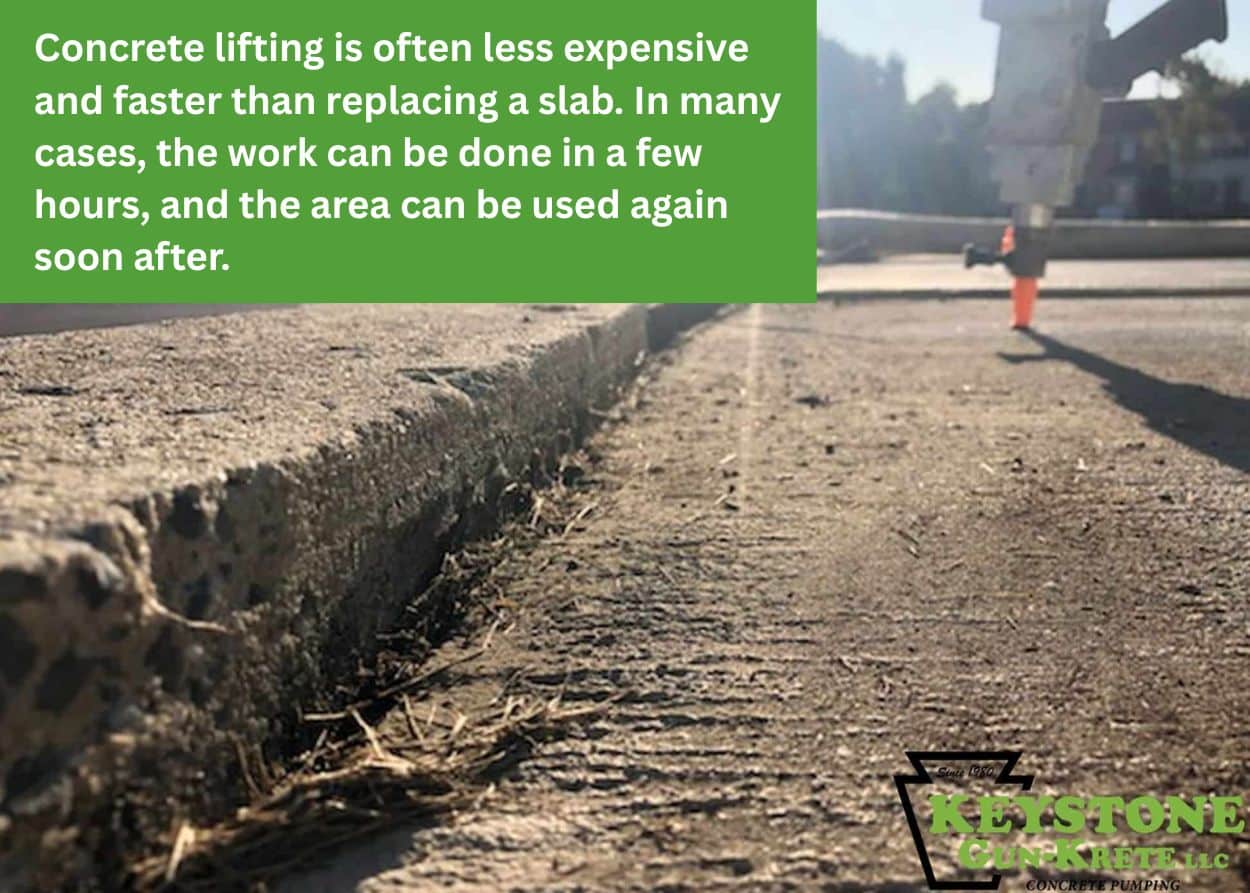 Concrete leveling and slab lifting process using injection nozzle to raise settled concrete driveway or sidewalk. Caption: Concrete lifting is often less expensive and faster than replacing a slab. In many cases, the work can be done in a few hours, and the area can be used again soon after.