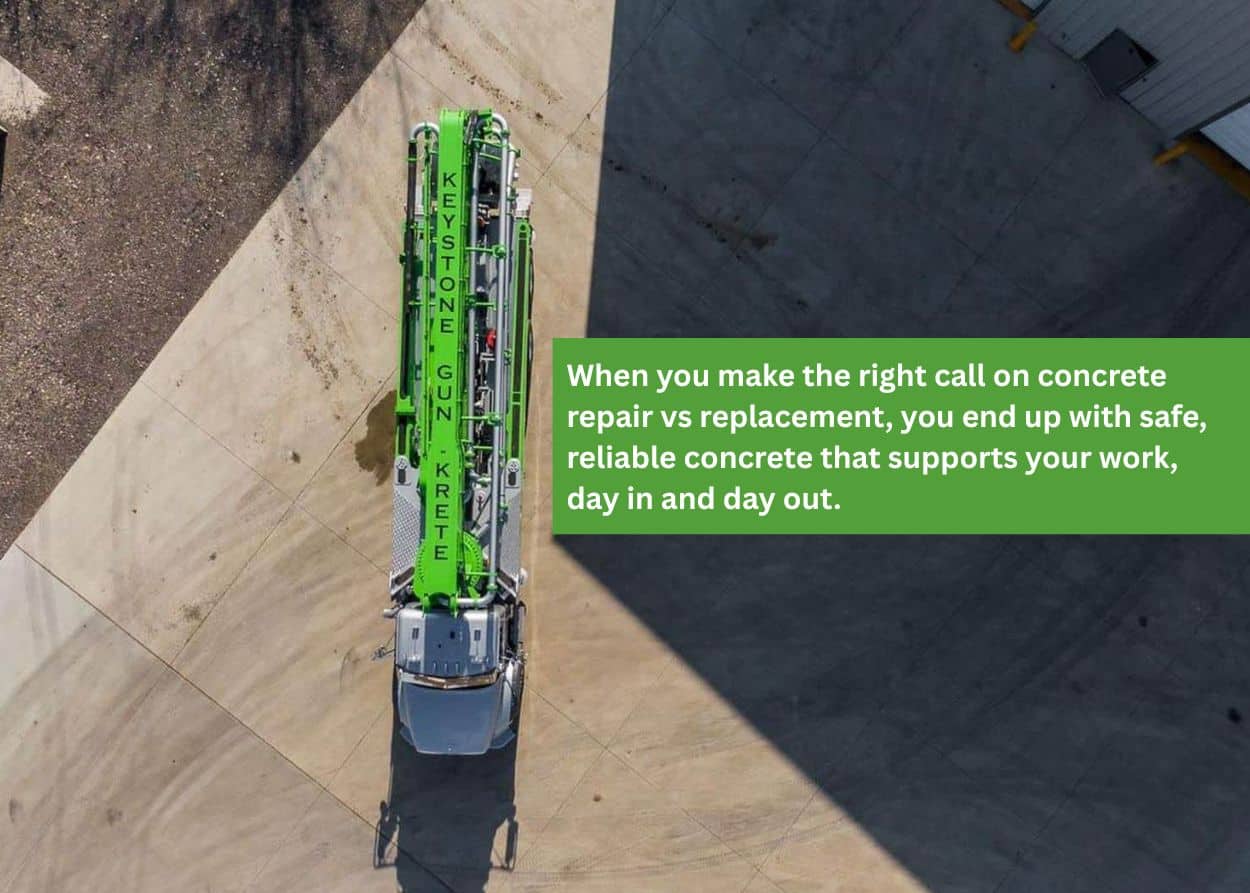Aerial view of professional concrete pumping truck used for concrete repair, slab lifting, and concrete replacement projects. Caption: When you make the right call on concrete repair vs replacement, you end up with safe, reliable concrete that supports your work, day in and day out.