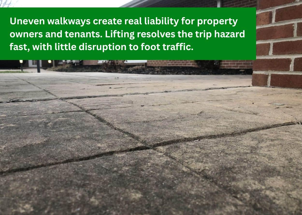 Uneven concrete walkway creating a tripping hazard that can be corrected with professional concrete lifting.