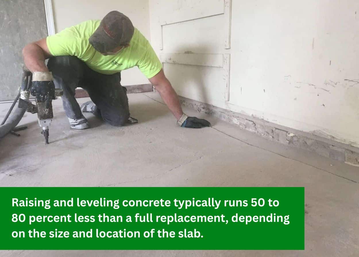 Technician inspecting a cracked concrete garage floor before lifting and leveling the slab instead of replacing it.